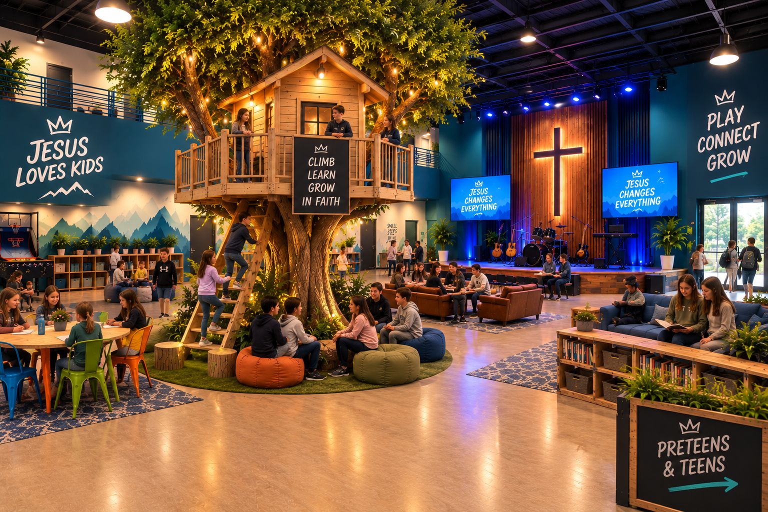 A rendering of the planned children's space: a treehouse under a tree, kids climbing and gathered on bean bags, and a stage with a lit cross