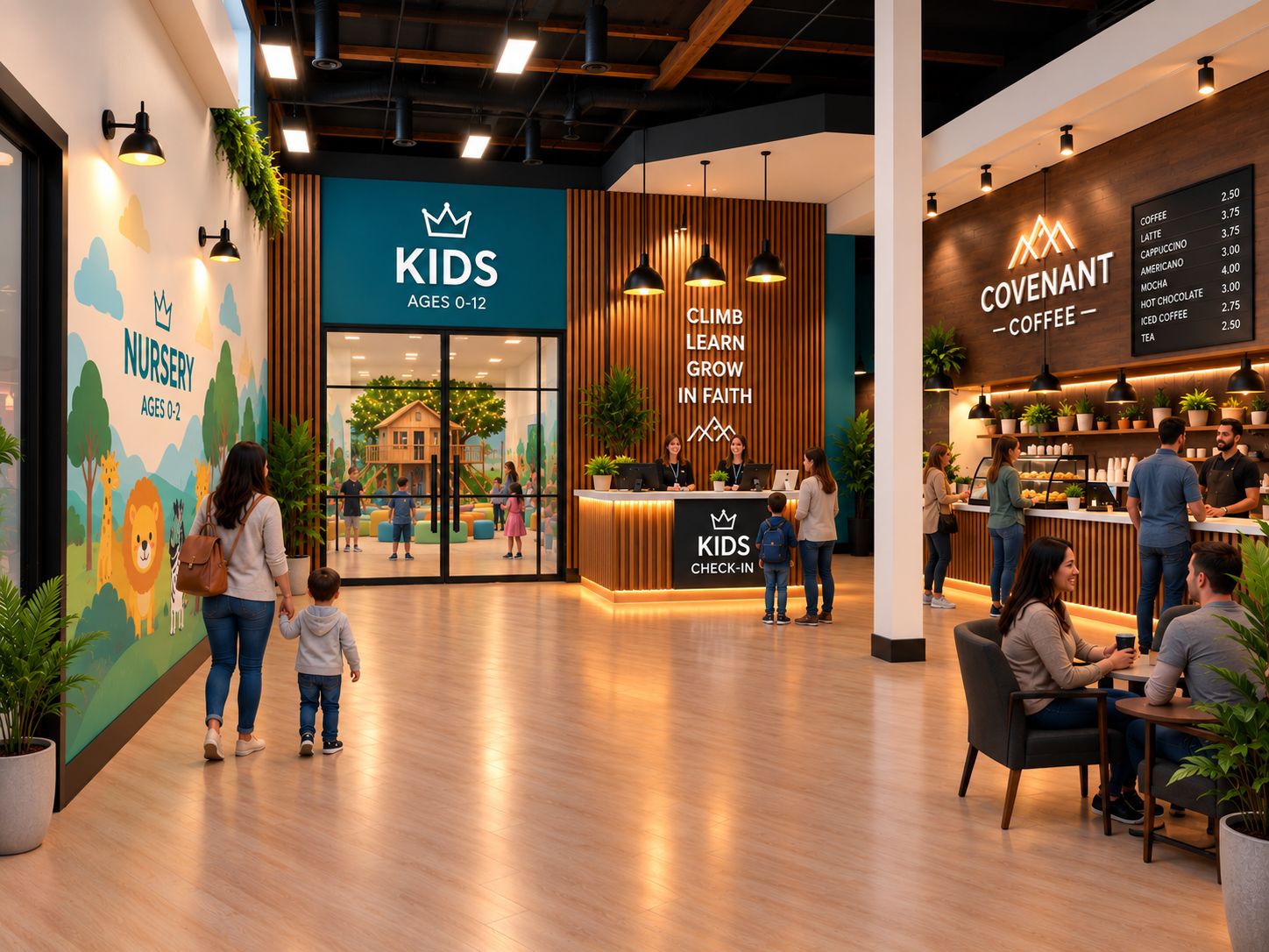 A rendering of the lobby: families at the kids check-in desk and people talking over coffee at the Covenant Coffee bar