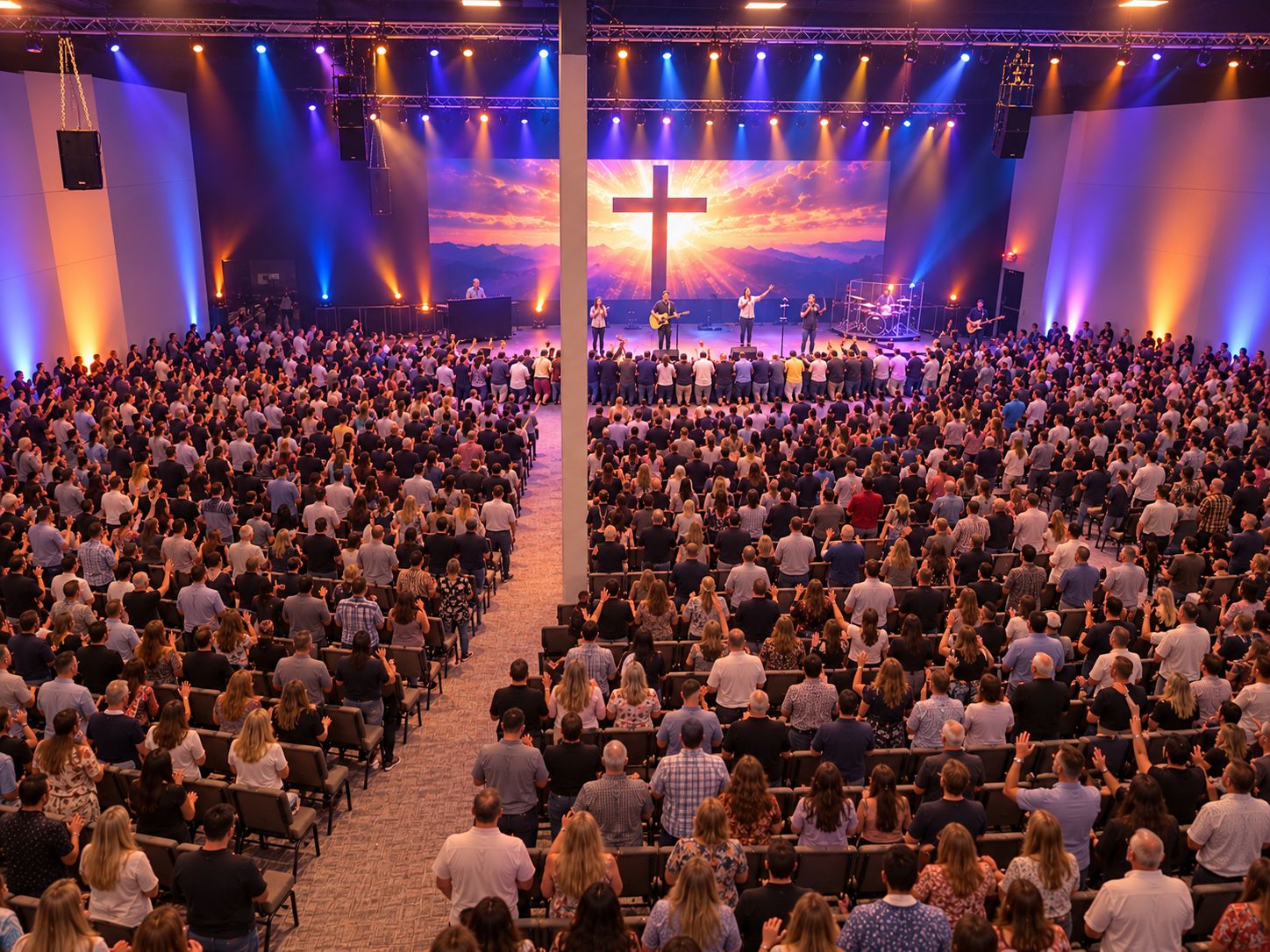 A rendering of the sanctuary full of people worshipping, hands raised, before a stage and a radiant cross