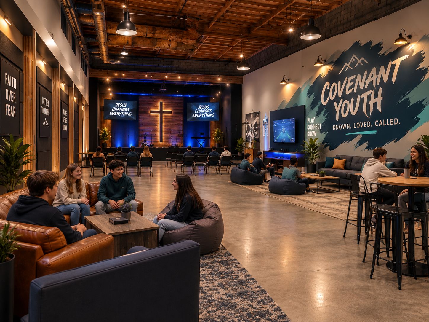 A rendering of the Covenant Youth room: teenagers talking on couches, a stage with a cross, and a wall that reads Known. Loved. Called.